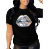 imageVerdusa Womens Lips Print Summer Goth Short Sleeve Crop Top Crew Neck Graphic TeeBlack
