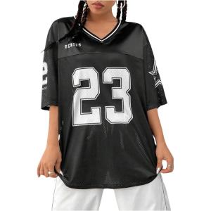 imageVerdusa Womens Jersey Shirts Graphic Tees Oversized Streetwear Letter Print T Shirt V Neck Tee TopBlack