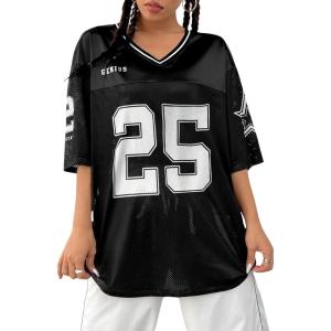imageVerdusa Womens Jersey Shirts Graphic Tees Oversized Streetwear Letter Print T Shirt V Neck Tee TopBlack and White