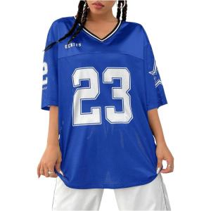 imageVerdusa Womens Jersey Shirts Graphic Tees Oversized Streetwear Letter Print T Shirt V Neck Tee TopBlue