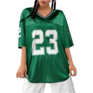 imageVerdusa Womens Jersey Shirts Graphic Tees Oversized Streetwear Letter Print T Shirt V Neck Tee TopDark Green