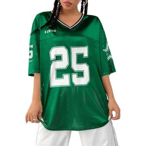 imageVerdusa Womens Jersey Shirts Graphic Tees Oversized Streetwear Letter Print T Shirt V Neck Tee TopGreen25