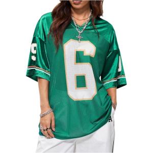 imageVerdusa Womens Jersey Shirts Graphic Tees Oversized Streetwear Letter Print T Shirt V Neck Tee TopGreen6