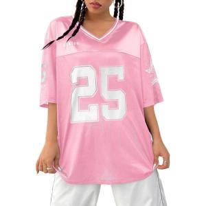 imageVerdusa Womens Jersey Shirts Graphic Tees Oversized Streetwear Letter Print T Shirt V Neck Tee TopLight Pink