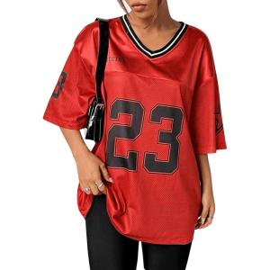 imageVerdusa Womens Jersey Shirts Graphic Tees Oversized Streetwear Letter Print T Shirt V Neck Tee TopRed