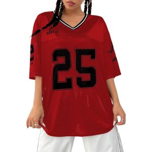 imageVerdusa Womens Jersey Shirts Graphic Tees Oversized Streetwear Letter Print T Shirt V Neck Tee TopRed25