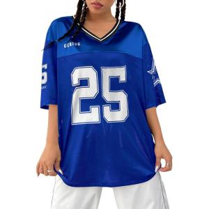 imageVerdusa Womens Jersey Shirts Graphic Tees Oversized Streetwear Letter Print T Shirt V Neck Tee TopRoyal Blue