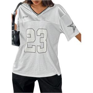 imageVerdusa Womens Jersey Shirts Graphic Tees Oversized Streetwear Letter Print T Shirt V Neck Tee TopSilver
