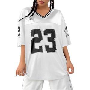 imageVerdusa Womens Jersey Shirts Graphic Tees Oversized Streetwear Letter Print T Shirt V Neck Tee TopWhite
