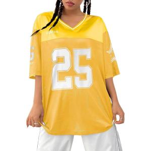imageVerdusa Womens Jersey Shirts Graphic Tees Oversized Streetwear Letter Print T Shirt V Neck Tee TopYellow