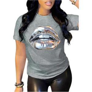 imageVerdusa Womens Lips Print Summer Goth Short Sleeve Crop Top Crew Neck Graphic TeeGrey