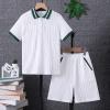imageVerdusa Boys 2 Piece Outfit Button Front Short Sleeve Textured Top and Shorts SetsWhite