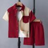 imageVerdusa Boys 2 Piece Set Colorblock Button Front Collar Short Sleeve Shirt and High Waist ShortsRed and Khaki