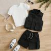 imageVerdusa Boys 3 Piece Outfits Solid Tee Sleeveless Zip Up Cargo Vest and Shorts SetsBlack and White