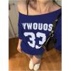 imageVerdusa Womens Off The Shoulder Letter Graphic Tees Shirts Jersey Short Sleeve Summer Tee TopsDark Blue