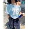 imageVerdusa Womens Off The Shoulder Letter Graphic Tees Shirts Jersey Short Sleeve Summer Tee TopsMint Blue