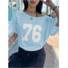 imageVerdusa Womens Off The Shoulder Letter Graphic Tees Shirts Jersey Short Sleeve Summer Tee TopsMint Blue