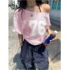 imageVerdusa Womens Off The Shoulder Letter Graphic Tees Shirts Jersey Short Sleeve Summer Tee TopsPink