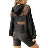 imageVerdusa Womens Sexy See Through Fishnet Long Sleeve Drawstring Hoodie Top SweatshirtSolid Black