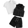 imageVerdusa Boys 3 Piece Outfits Solid Tee Sleeveless Zip Up Cargo Vest and Shorts SetsBlack and White
