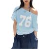 imageVerdusa Womens Off The Shoulder Letter Graphic Tees Shirts Jersey Short Sleeve Summer Tee TopsMint Blue