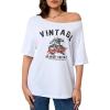 imageVerdusa Womens Off The Shoulder Letter Graphic Tees Shirts Jersey Short Sleeve Summer Tee TopsWhite Graphic