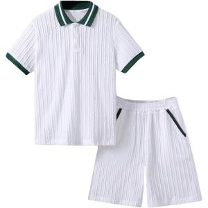 imageVerdusa Boys 2 Piece Outfit Button Front Short Sleeve Textured Top and Shorts SetsWhite