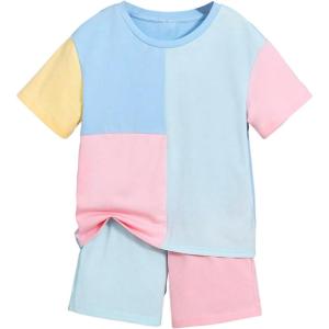 imageVerdusa Boys 2 Piece Outfit Colorblock Short Sleeve Round Neck T Shirt and Shorts SetBlue Multi