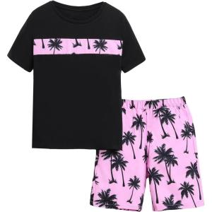 imageVerdusa Boys 2 Piece Outfit Summer Color Block Short Sleeve Tee and Shorts SetPink Black