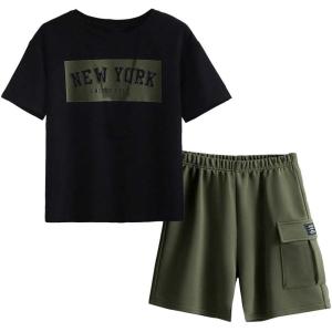 imageVerdusa Boys 2 Piece Outfits Short Sleeve Tee Shirt and Track Shorts SetArmy Green