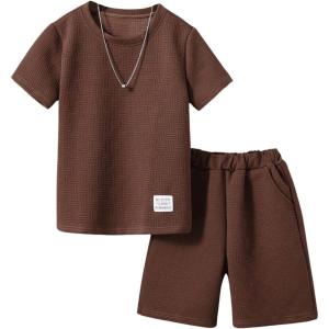 imageVerdusa Boys 2 Piece Outfits Textured Crew Neck Short Sleeve Tee Top and Shorts SetsCoffee Brown