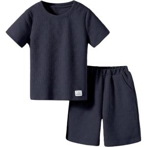 imageVerdusa Boys 2 Piece Outfits Textured Crew Neck Short Sleeve Tee Top and Shorts SetsDark Blue