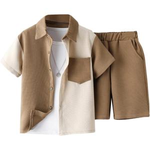imageVerdusa Boys 2 Piece Set Colorblock Button Front Collar Short Sleeve Shirt and High Waist ShortsBeige and White
