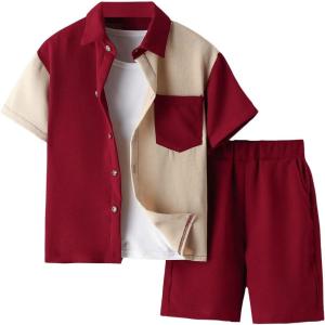 imageVerdusa Boys 2 Piece Set Colorblock Button Front Collar Short Sleeve Shirt and High Waist ShortsRed and Khaki