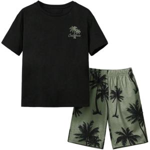 imageVerdusa Boys 2 Piece Set Tropical Print Summer Beach Set Short Sleeve Tee Top with Elastic Waist Short SetsDark Green
