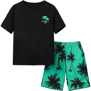 imageVerdusa Boys 2 Piece Set Tropical Print Summer Beach Set Short Sleeve Tee Top with Elastic Waist Short SetsGreen