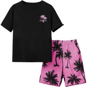 imageVerdusa Boys 2 Piece Set Tropical Print Summer Beach Set Short Sleeve Tee Top with Elastic Waist Short SetsPink Black