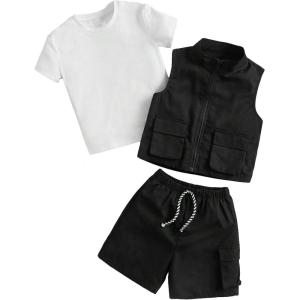 imageVerdusa Boys 3 Piece Outfits Solid Tee Sleeveless Zip Up Cargo Vest and Shorts SetsBlack and White