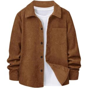 imageVerdusa Boys Casual Long Sleeve Shirts Button Up Shirt Collared Neck Jacket with Front PocketBrown
