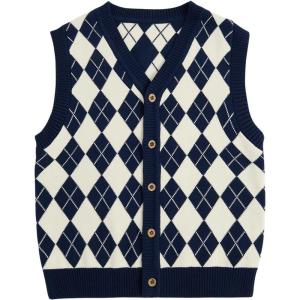 imageVerdusa Boys Sweater Vest Button Up Sleeveless Argyle Print Knit V Neck Cardigan Sweaters TopBlue