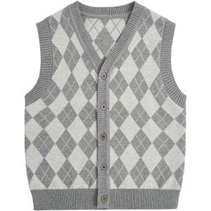 imageVerdusa Boys Sweater Vest Button Up Sleeveless Argyle Print Knit V Neck Cardigan Sweaters TopGrey