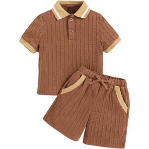 imageVerdusa Toddler Boys 2 Piece Outfits Colorblock Short Sleeve Shirt and Shorts SetBrown