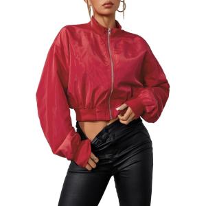 imageVerdusa Womens Cropped Bomber Lightweight Jacket Long Sleeve Zip Up OuterwearRed