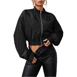 imageVerdusa Womens Cropped Bomber Lightweight Jacket Long Sleeve Zip Up OuterwearSolid Black