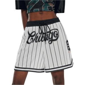 imageVerdusa Womens Letter Print Striped Basketball Shorts Drawstring Elastic Waist Sports ShortsBlack and White