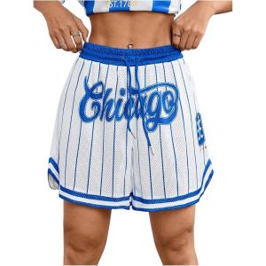 imageVerdusa Womens Letter Print Striped Basketball Shorts Drawstring Elastic Waist Sports ShortsRoyal Blue