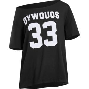 imageVerdusa Womens Off The Shoulder Letter Graphic Tees Shirts Jersey Short Sleeve Summer Tee TopsBlack