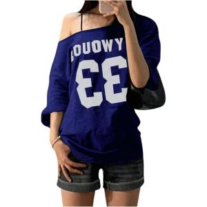 imageVerdusa Womens Off The Shoulder Letter Graphic Tees Shirts Jersey Short Sleeve Summer Tee TopsDark Blue