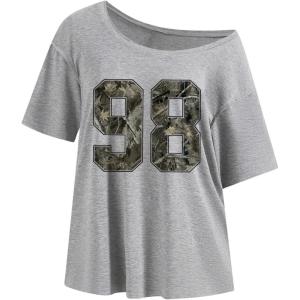 imageVerdusa Womens Off The Shoulder Letter Graphic Tees Shirts Jersey Short Sleeve Summer Tee TopsGreen98
