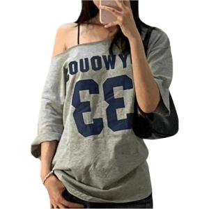 imageVerdusa Womens Off The Shoulder Letter Graphic Tees Shirts Jersey Short Sleeve Summer Tee TopsGrey